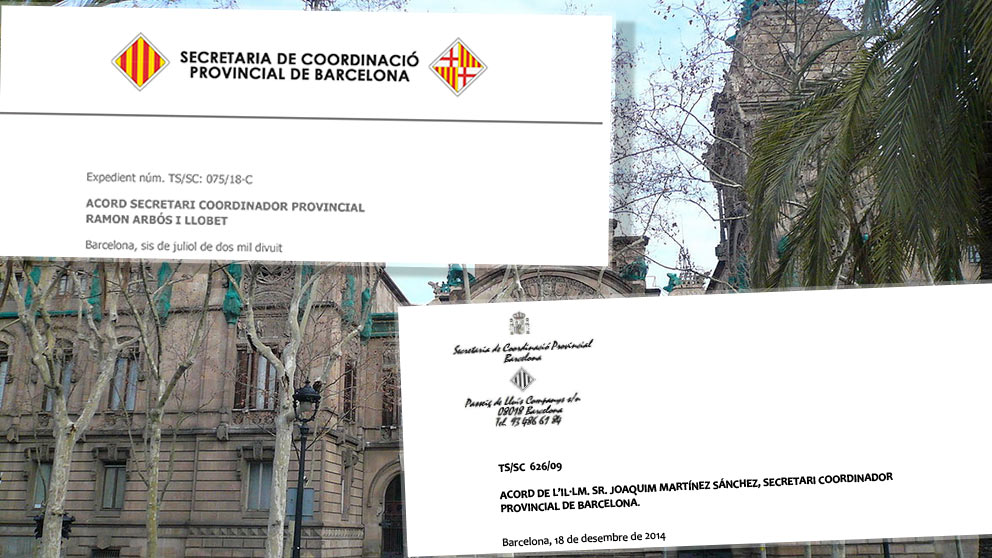 Escritos oficiales de la Secretaría de Coordinación Provincial de Barcelona con el escudo y sin el escudo de España.