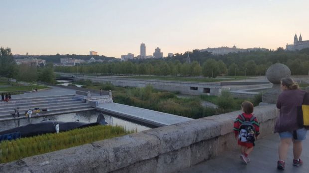 Una madre y su hijo observan desde el puente de Segovia el cachalote varado.