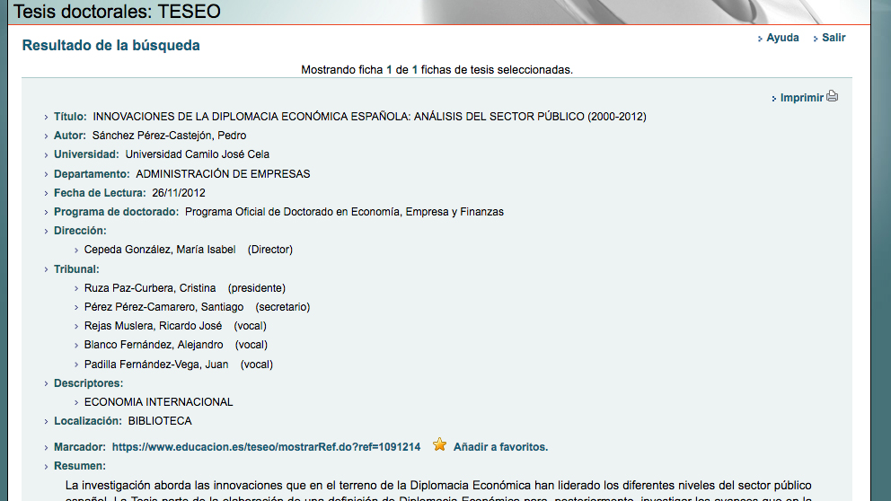 Registro de la tesis de Pedro Sánchez en Teseo.