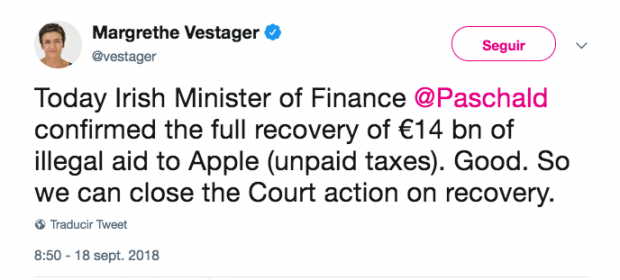 Apple paga a Irlanda 14.000 millones de euros que Bruselas le reclamaba por ayudas fiscales ilegales