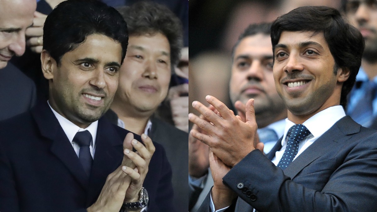 Nasser Al-Khelaifi y Masour Al-Nahyad durante sendos partidos de PSG y Manchester City.