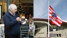 El Padre Daniel durante un acto del Atlético de Madrid y la bandera a media asta en el Metropolitano. (atleticodemadrid.com)