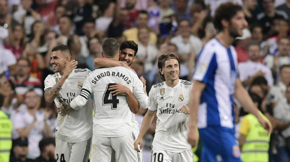 Asensio celebra el gol al Espanyol. (AFP)