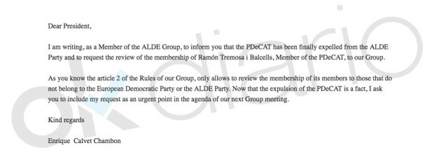 Carta enviada por Enrique Calvet al Grupo ALDE.