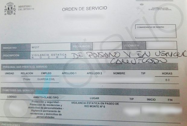 Orden de servicio de vigilancia estática de la Guardia Civil en el domicilio de Pablo Iglesias.