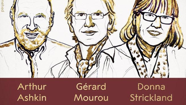 Arthur Ashkin, Gérard Mourou y Donna Strickland, ganadores del Premio Nobel de Física 2018.