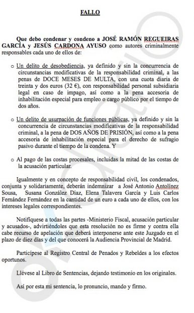 Sentencia que condena a 2 años de prisión al alcalde de Hoyo de Manzanares, José Ramón Regueiras.