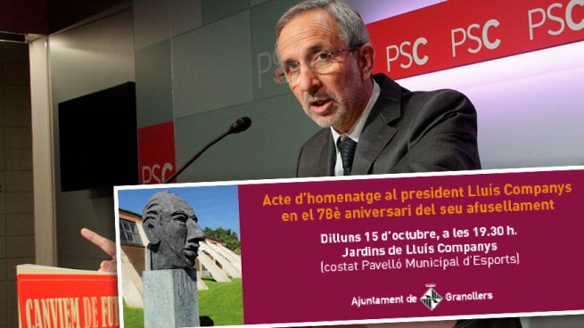 Josep Mayoral, alcalde del PSC en Granollers (Barcelona) y el cartel del acto en homenaje a Lluís Companys