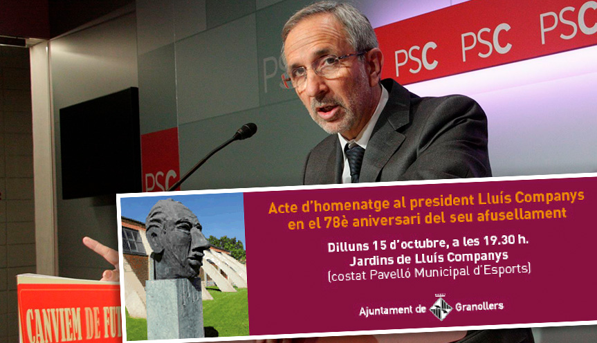 Josep Mayoral, alcalde del PSC en Granollers (Barcelona) y el cartel del acto en homenaje a Lluís Companys