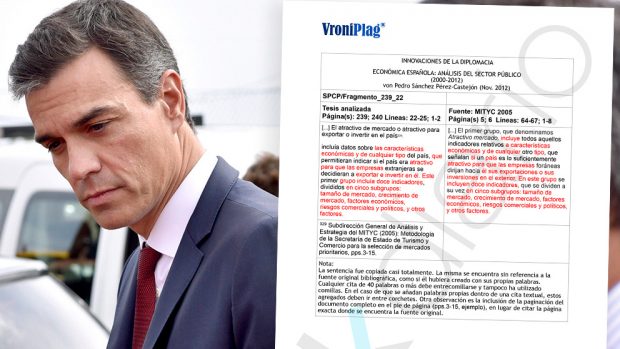 Pedro Sánchez y una ficha del dossier entregado a OKDARIO por el cazador de plagios Martin Heidingsfelder.