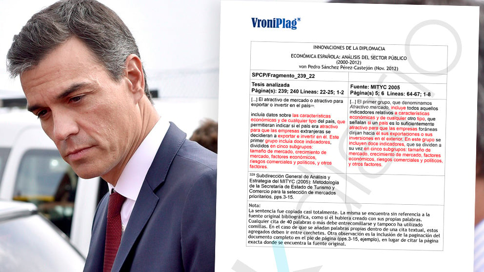 Pedro Sánchez y una ficha del dossier entregado a OKDARIO por el cazador de plagios Martin Heidingsfelder.