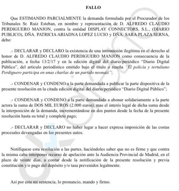 Fallo de la sentencia que condena a Público y a la periodista Patricia López