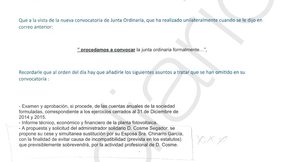 Mail en el que Segador pide elevar al cargo de administradora a su mujer.