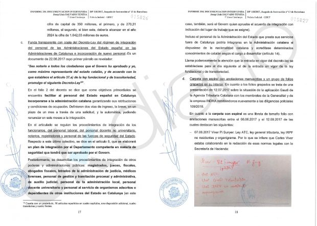 Informe de la Guardia Civil sobre la documentación intervenida al ex secretario de Hacienda, Lluís Salvadó.