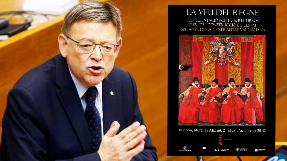 Ximo Puig y el cartel del congreso sobre los 600 años de la Generalitat Valenciana