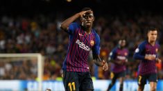 Dembélé celebra un gol con el Barcelona. (Getty)