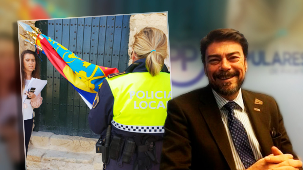 Luis Barcala, alcalde de Alicante, y el agente municipal con las banderas española y valenciana