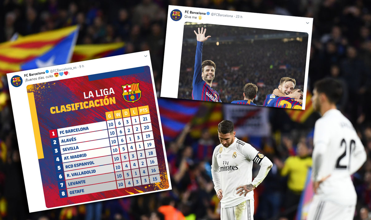 Dos de los tweets del Barcelona tras la victoria en el Clásico.