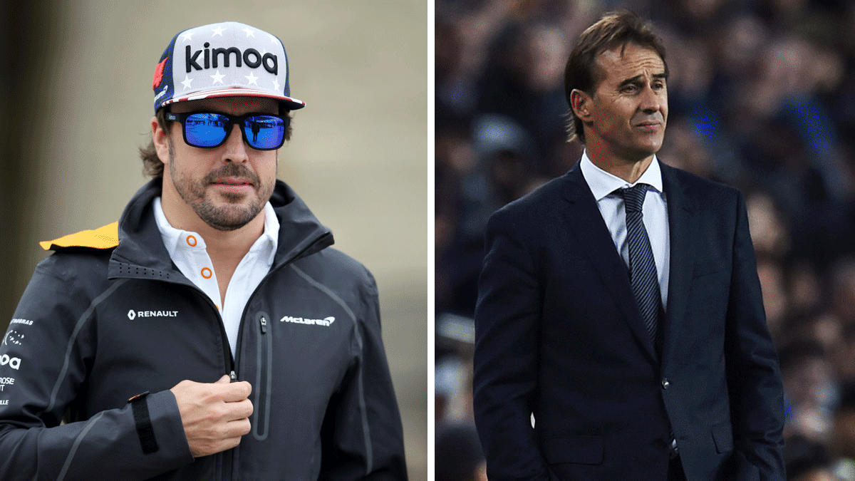 A-la-izquierda,-Fernando-Alonso;-a-la-derecha,-Lopetegui-durante-el-Clásico-(Fotos-Getty)