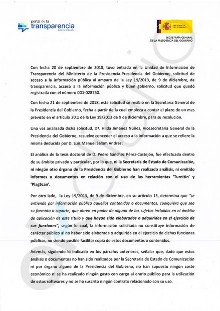 Moncloa declara ‘top secret’ los análisis antiplagio que difundió en defensa de la tesis de Sánchez