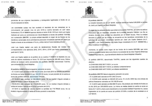 Escrito de la Fiscalía Anticorrupción sobre las cuentas en Suiza de David Marjaliza y José Luis Capita en la trama Púnica.