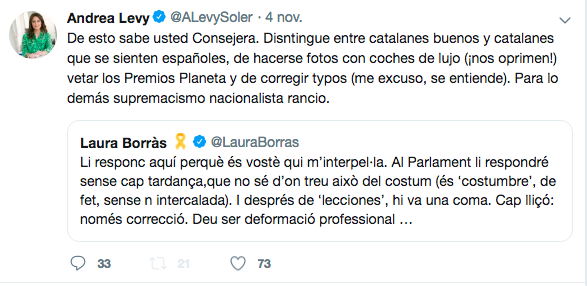 Separatistas atacan a Andrea Levy tras criticar los tuits supremacistas de la consellera Borràs