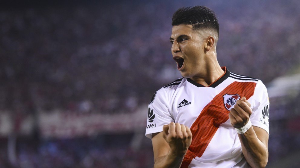 Exequiel Palacios celebra un gol con River. (Getty)