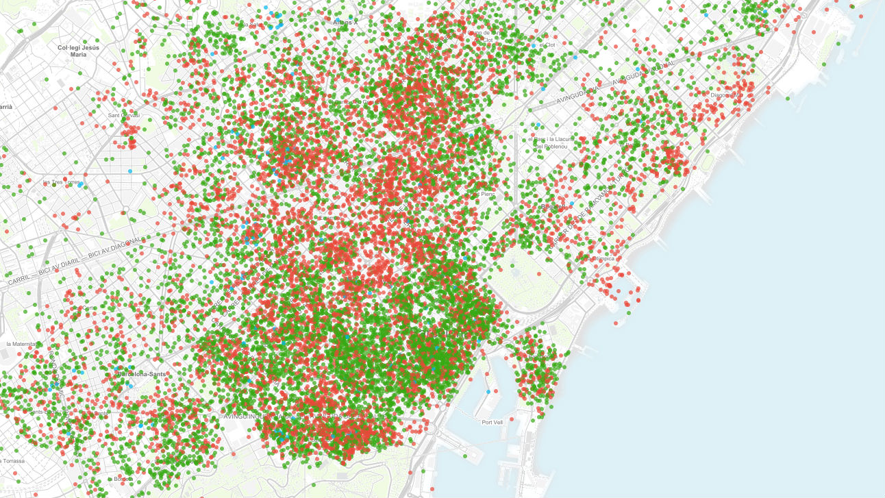 Mapa de las más de 17.000 ofertas de Airbnb en Barcelona