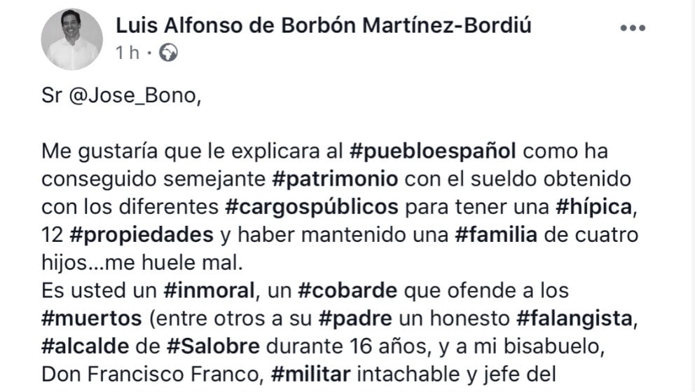 Mensaje publicado por el bisnieto de Franco en las redes sociales.