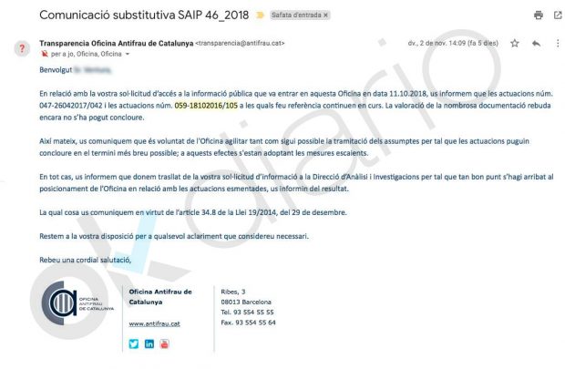 Comunicación de la Oficina Antifraude de Cataluña sobre la investigación a la diputada del PSC, Marta Moreta.