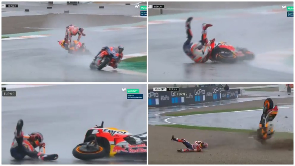 La tremenda caída de Márquez en el GP de Valencia. (Movistar)