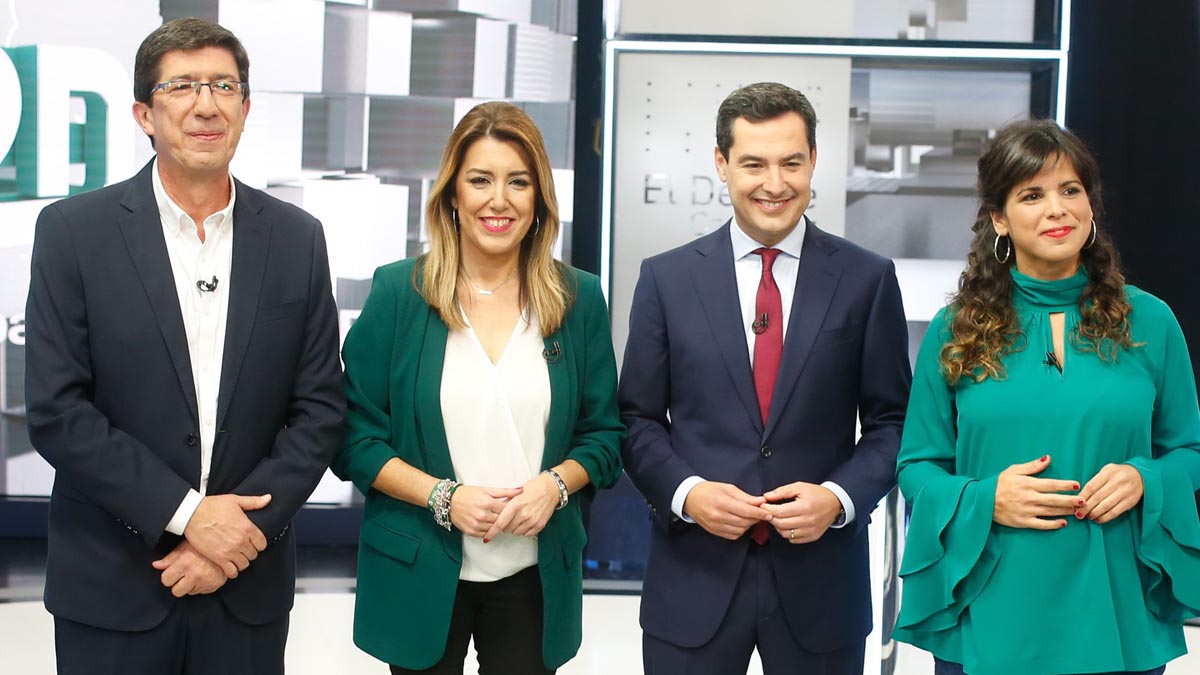 Los 4 candidatos a presidir la Junta de Andalucía tras las andaluzas antes del debate. Foto: EP