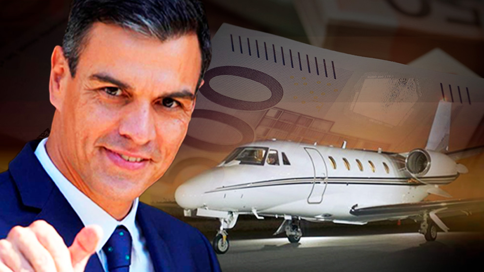 Pedro Sánchez y uno de los jets privado que utiliza.