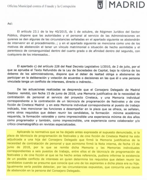 Antifraude ve «conflicto de intereses» en el contrato a dedo de la hija de un alto cargo de Carmena