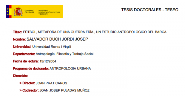 Ficha de la tesis doctoral de Jordi Salvador en la plataforma Teseo. (Fuente: Ministerio de Educación)