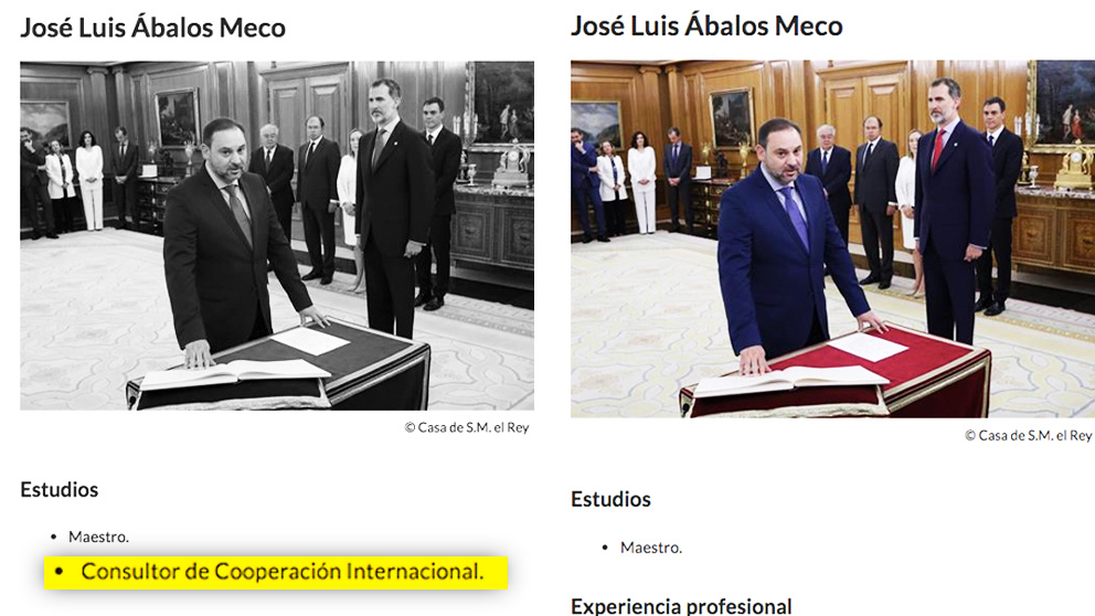 El currículum del ministro Ábalos en la web de Moncloa antes y después de la llamada de OKDIARIO