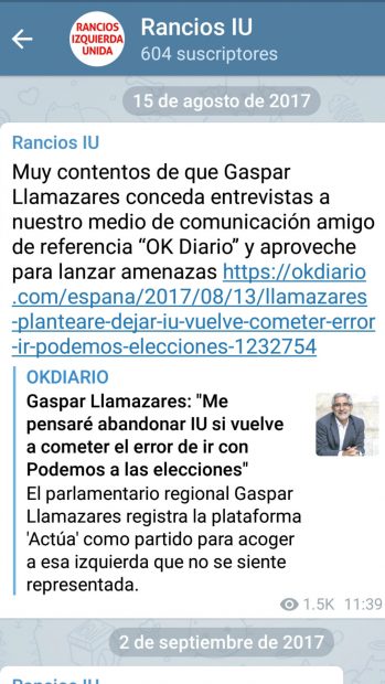 Telegram de 'Rancios Izquierda Unida' arremetiendo contra OKDIARIO.