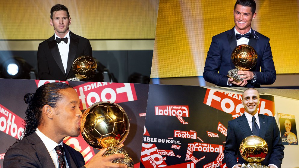 Leo Messi, Cristiano Ronaldo, Ronaldinho y Cannavaro con el Balón de Oro.
