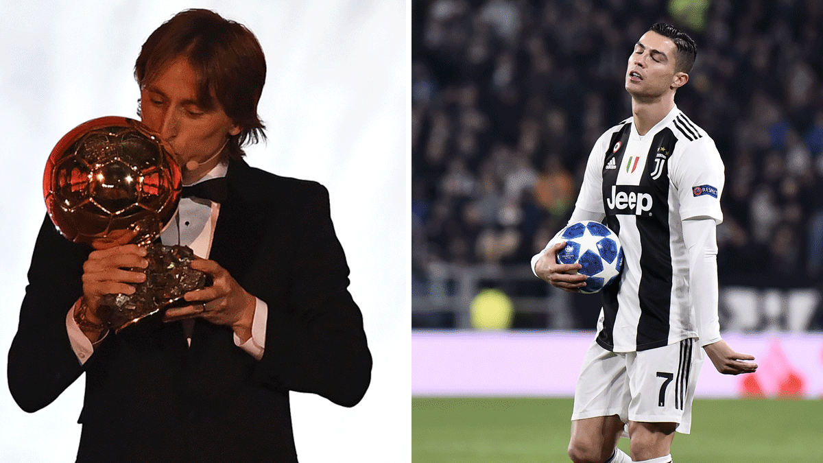 A-la-izquierda,-Modric-besa-el-trofeo-del-Balón-de-Oro;-a-la-derecha,-Cristiano,-durante-un-encuentro-con-la-Juve-(AFP)