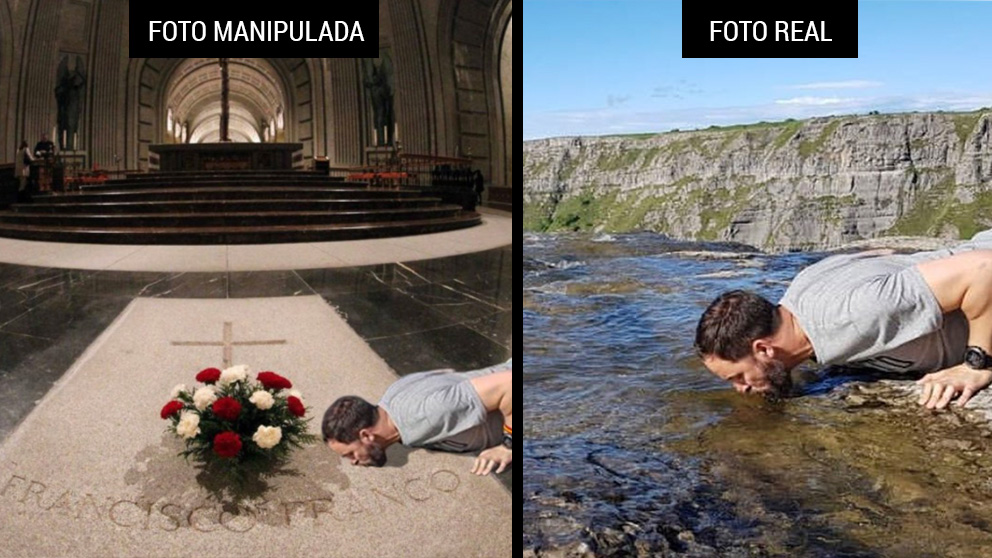 A la izquierda, la foto manipulada difundida por los independentistas, y a la derecha la foto original de Abascal bebiendo en las aguas del Río Nervión.