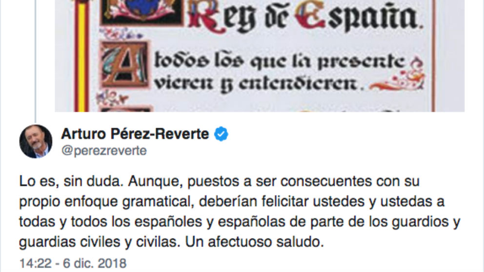 Mensaje publicado por el escritor Arturo Pérez-Reverte (RAE) en Twitter.