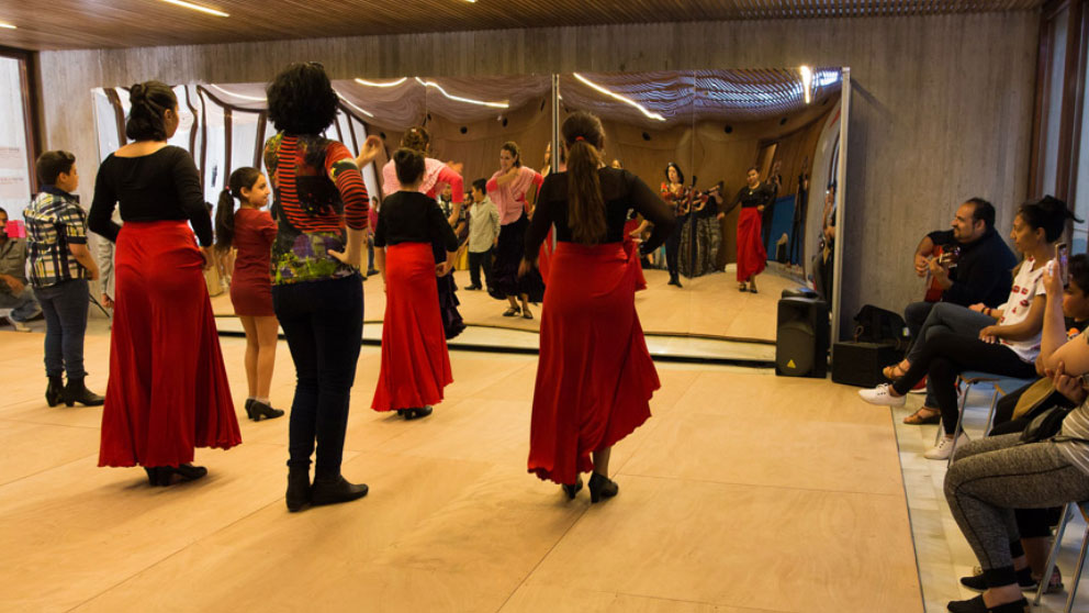 Gitanos bailan flamenco.