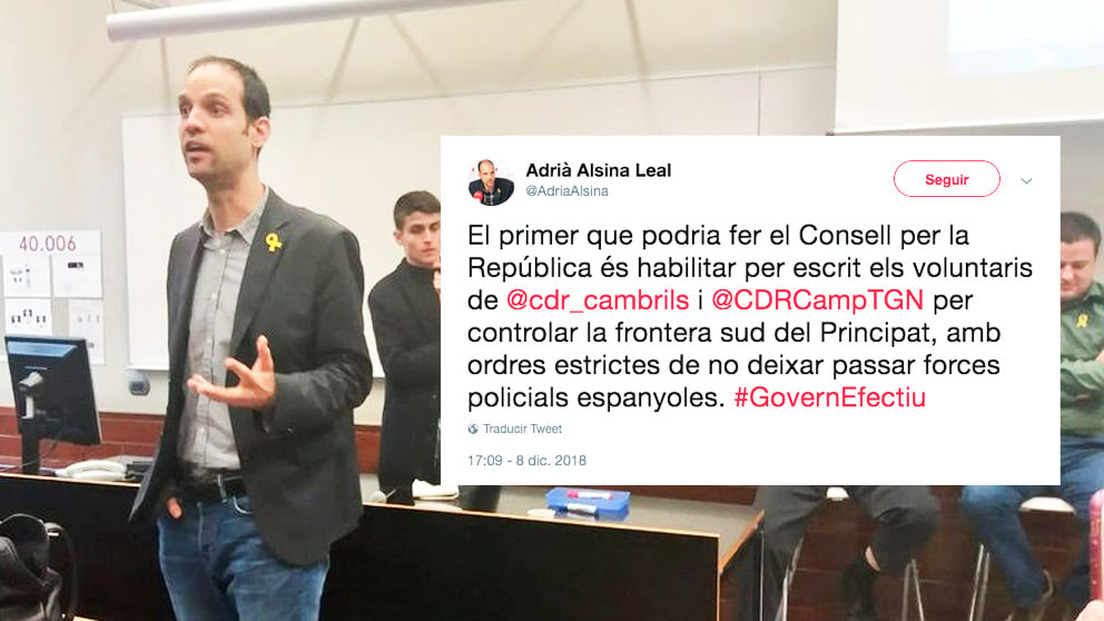 El ex dircom de la ANC, Adrià Alsina, junto al tuit en el que pide que los CDR actúen como policía fronteriza