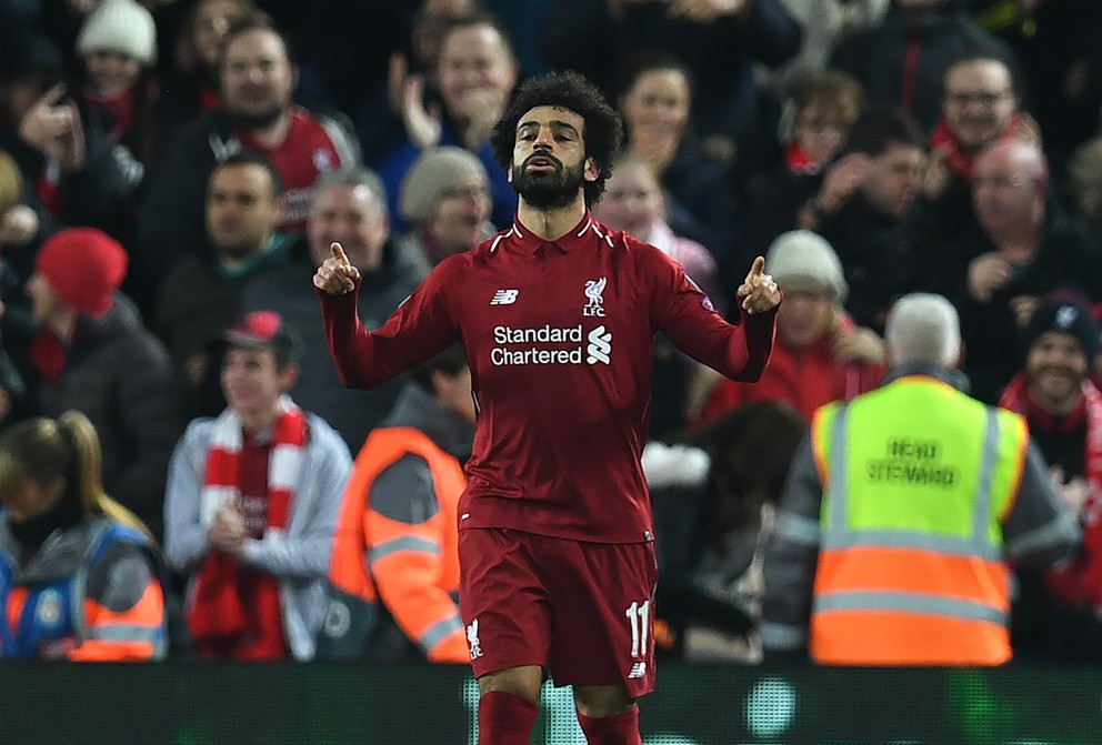 Salah celebra su gol al Nápoles. (AFP)