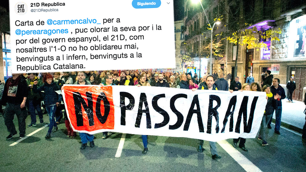 Una manifestación de los CDR convocada en Barcelona y uno de los tuits con el que responden a las cartas enviadas por Pedro Sánchez a Quim Torra