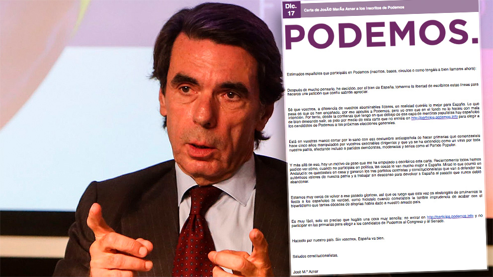 La carta falsa de José María Aznar dirigida a los inscritos de Podemos