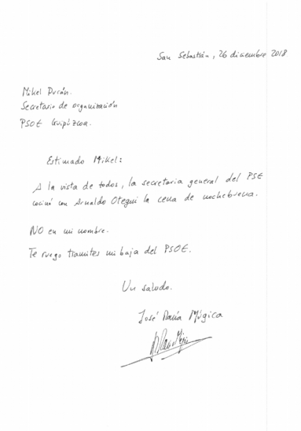 La carta de José María Múgica a Mikel Durán publicada por La Información. 