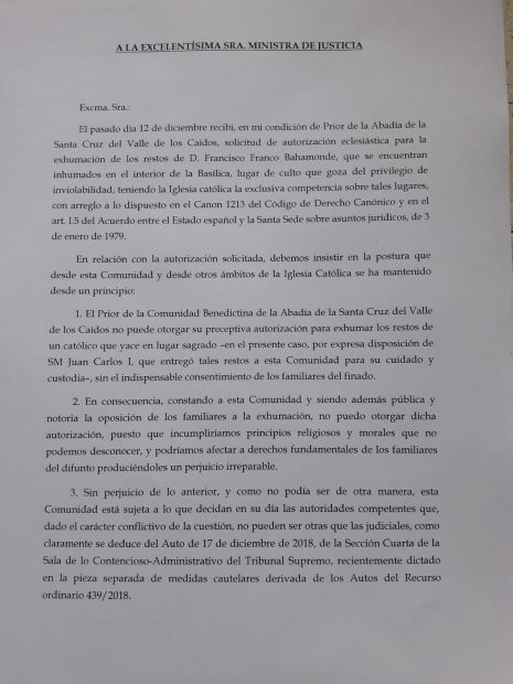 Carta del prior a Dolores Delgado.