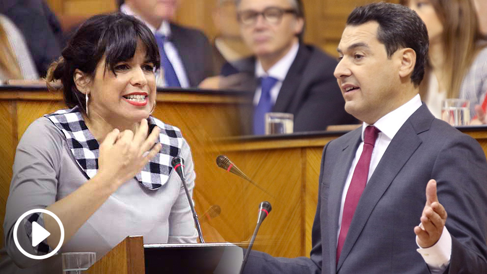 Juan Manuel Moreno y Teresa Rodríguez en el Parlamento andaluz durante el debate de investidura.