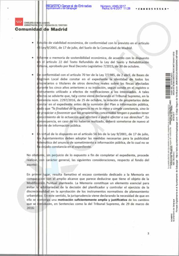 El equipo jurídico de Madrid censura a Galapagar por no justificar los cambios «caso por caso»